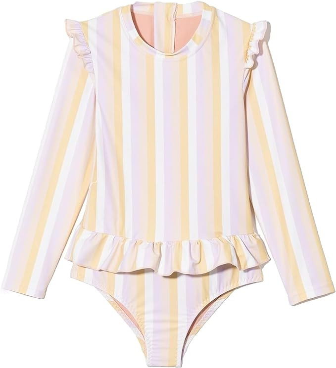 Girls One Piece Swimsuits Zipper Rash Guard Long Sleeve Bathing Suit with Ruffle Hem UPF50+ | Amazon (US)