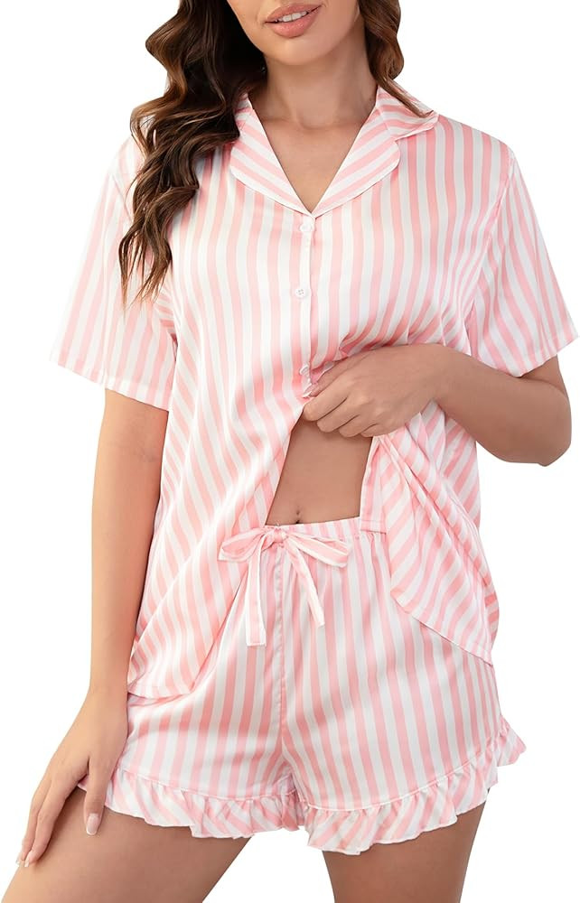 Women‘s Satin Pajamas Set, Silky Soft Short Sleeve Sleepwear, Button Down Pj Set for Home, Vaca... | Amazon (US)