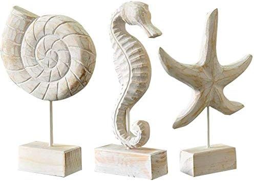 Creproly 3Pcs Modern Wood Sculpture Home Decor Statue Starfish Conch Seahorse Figurines Beach Nau... | Amazon (US)
