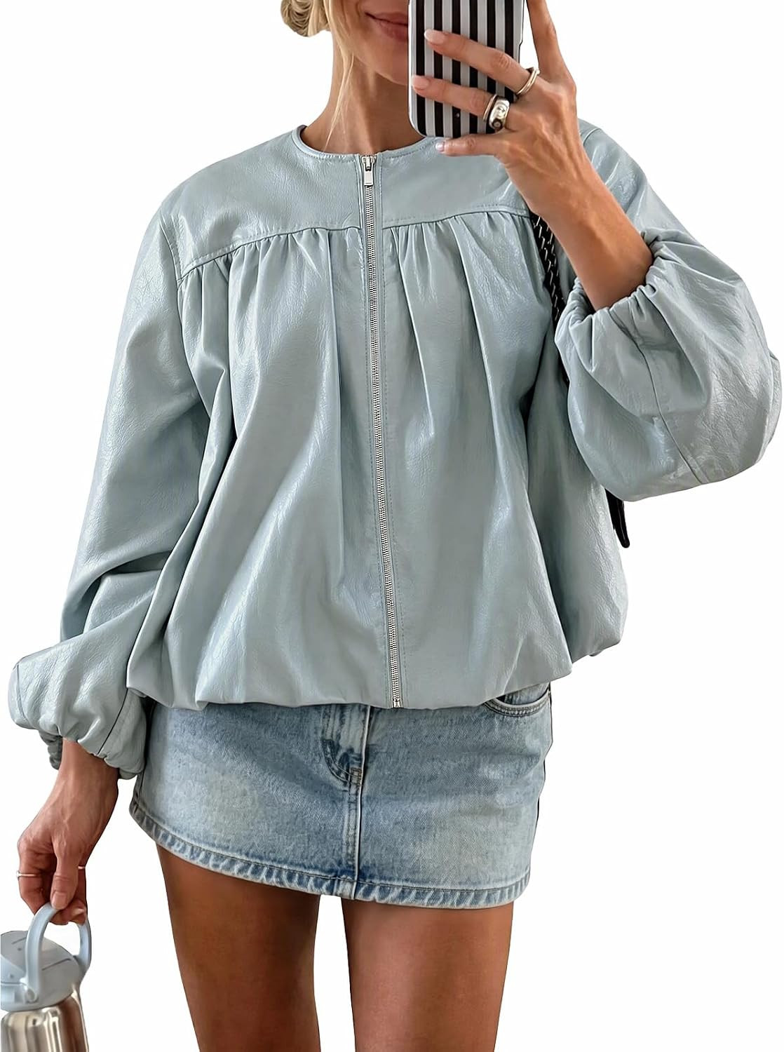 Tankaneo Womens Faux Leather Zip Up Bomber Jacket Bubble Hem Cropped Coat | Amazon (US)