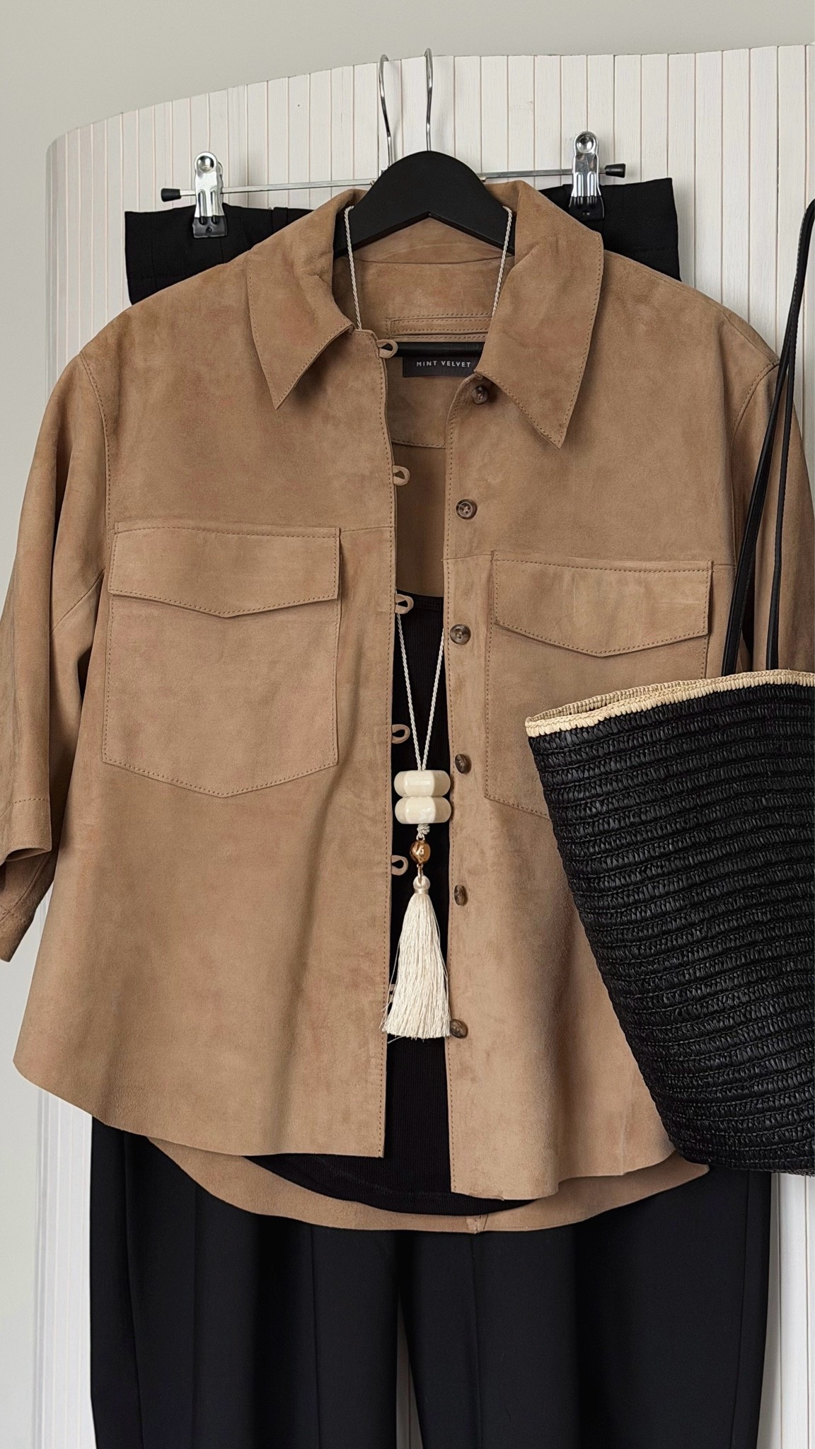 Summer outfit idea perfect as a travel airport outfit 

Suede shirt Mint Velvet size S
Basket bag Sezane
Cream tassel pendant 
Zara black tank top size S
Zara barrel leg trousers size S

#LTKsummer #LTKuk #LTKtravel