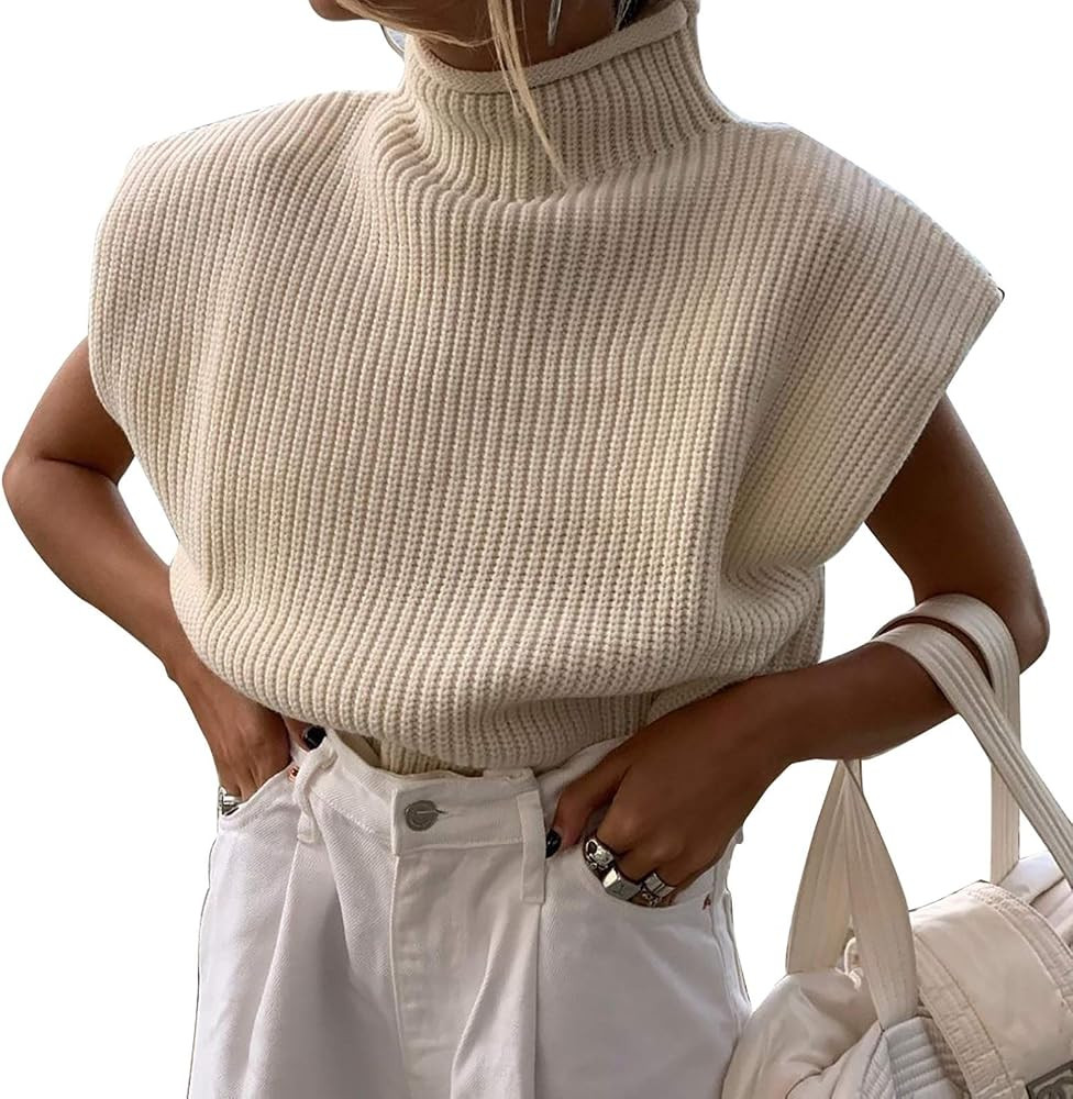 ZPLSTORE Women's Mock Neck Sleeveless Knit Sweater Solid Color Shoulder Pad Pullover Knitwear Tops(M | Amazon (US)