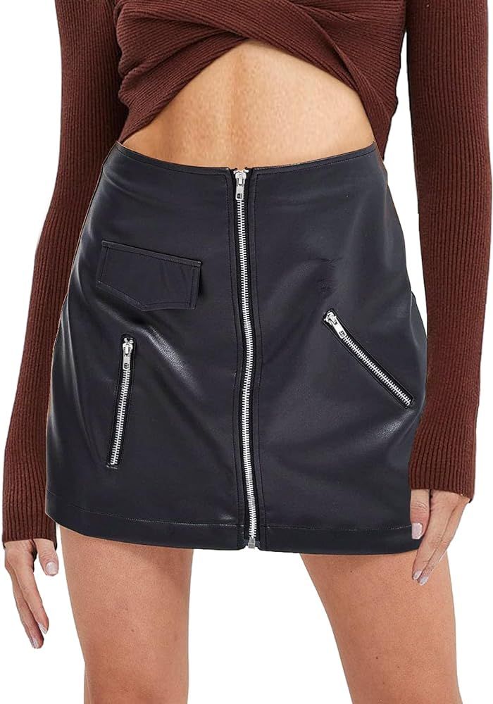 FRTROIN Women Faux Leather Skirt Trendy High Waist Pencil Black Mini Skirt with Zipper | Amazon (US)