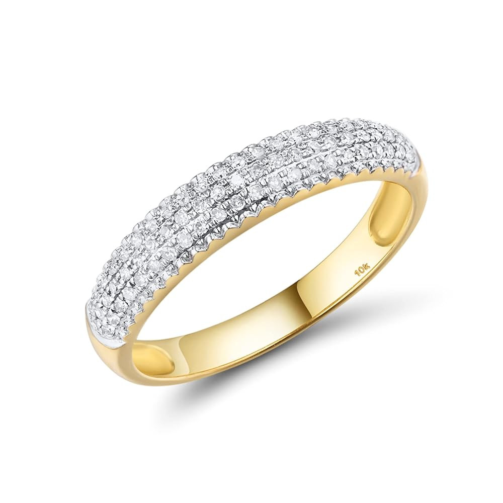 Santuzza 10K Yellow Solid Gold 3-Row Pave 0.2 ct Genuine Diamond Dainty Statement Ring for Women | Amazon (US)