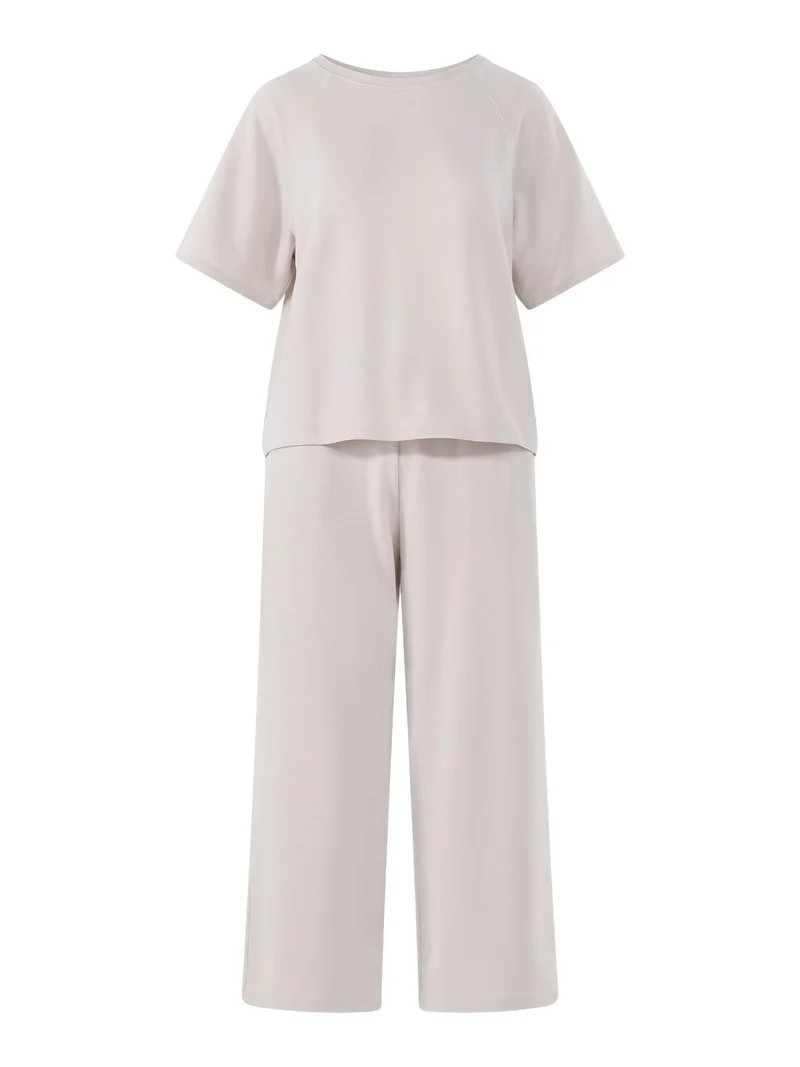 Joyspun Women's French Terry Short Sleeve Top and Capri Pants Set, 2-Piece, Sizes XS-3X | Walmart (US)