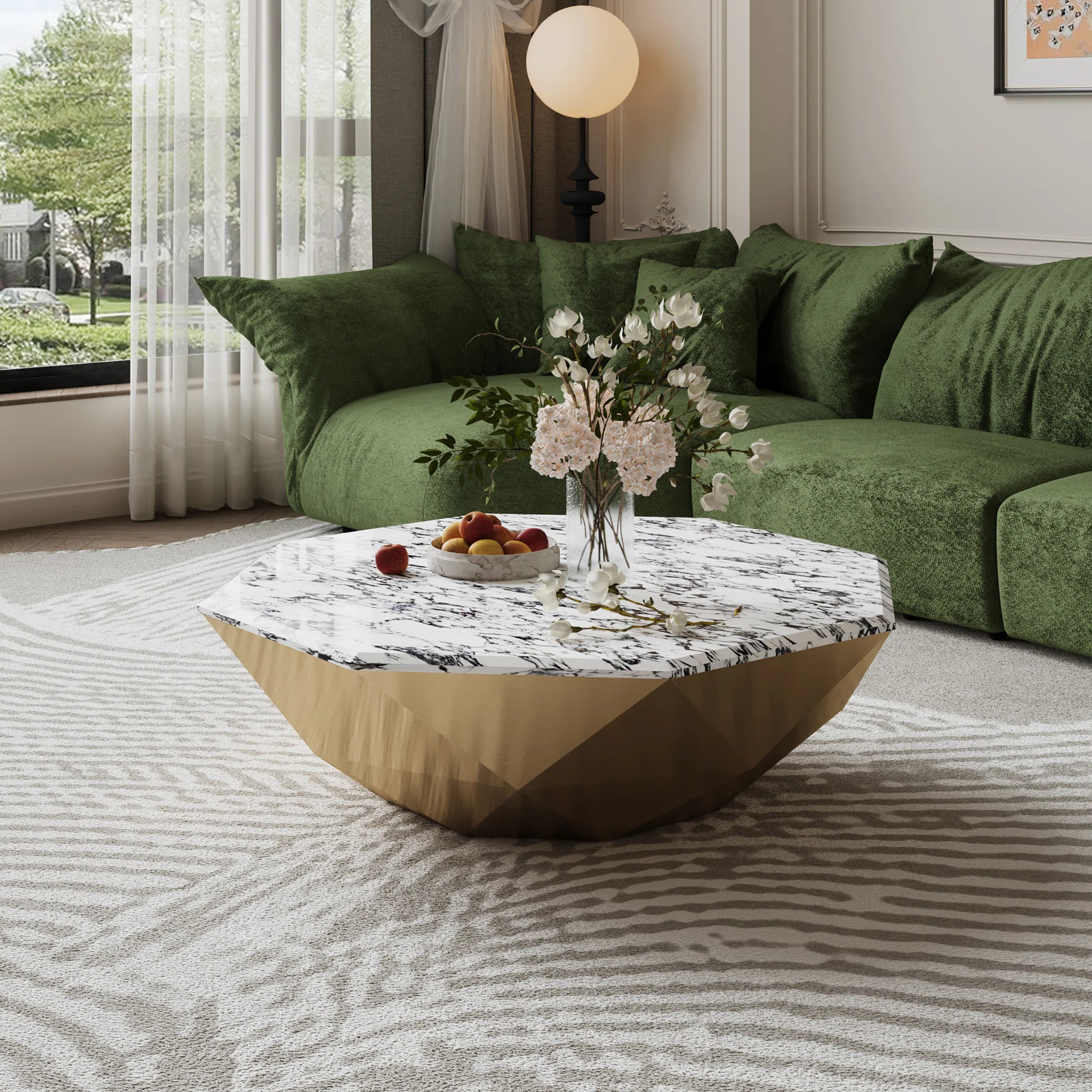 Modern Geometric Stone Coffee Table - Luxury Metallic Gold Frame Living Room Center Table, Polygo... | Wayfair North America