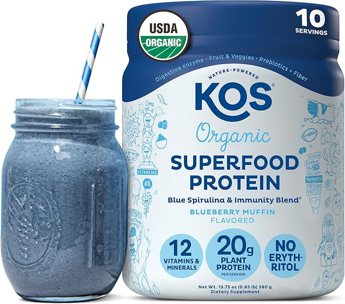 KOS Plant Based Protein Powder, Blueberry Muffin - Organic Pea Protein Superfood with Spirulina a... | Amazon (US)