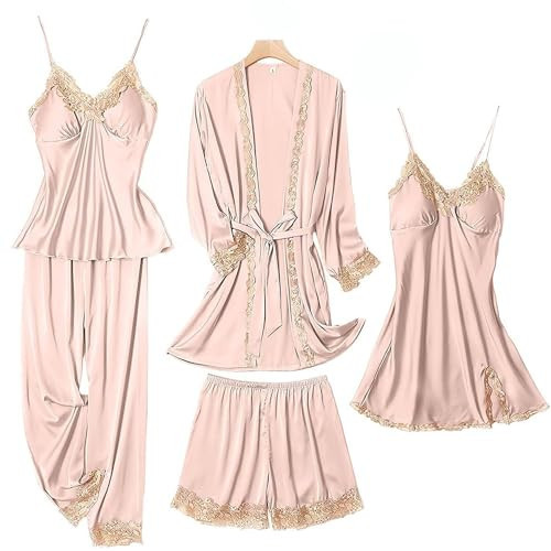 SAPJON Womens Pajama Sets 5PCS Silk Pajamas for women Cute Sleepwear Loungewear Satin Pajamas Sets for Women Soft Pink | Amazon (US)