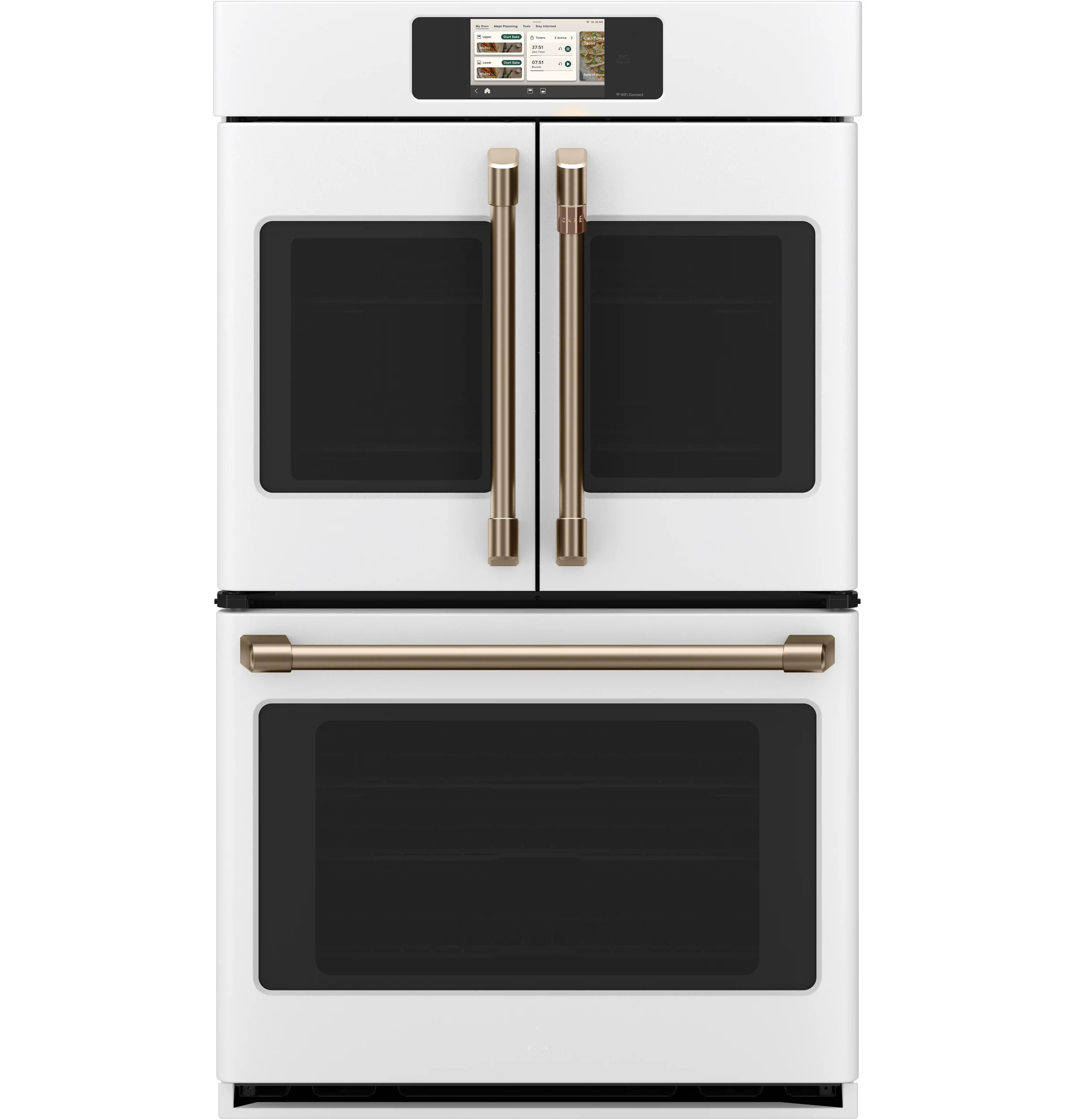 Cafe 30 inch Double Electric Wall Oven with Air Fry Self + Steam Cleaning ( Matte White with Brushed Bronze Handles ) | CTD90FP4ZW2 | Lowe's