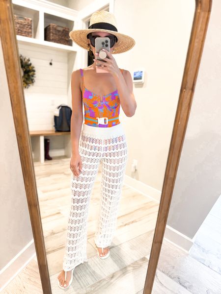 Vetchy swimsuit in XS. Abercrombie crochet pants in XXS short. Favorite straw hat. Beach hat. Amazon sunglasses. Resort wear. Vacation little. Tory Burch Miller jelly sandals, whole size only, size up if you are a half size. 

#LTKtravel #LTKshoecrush #LTKswim