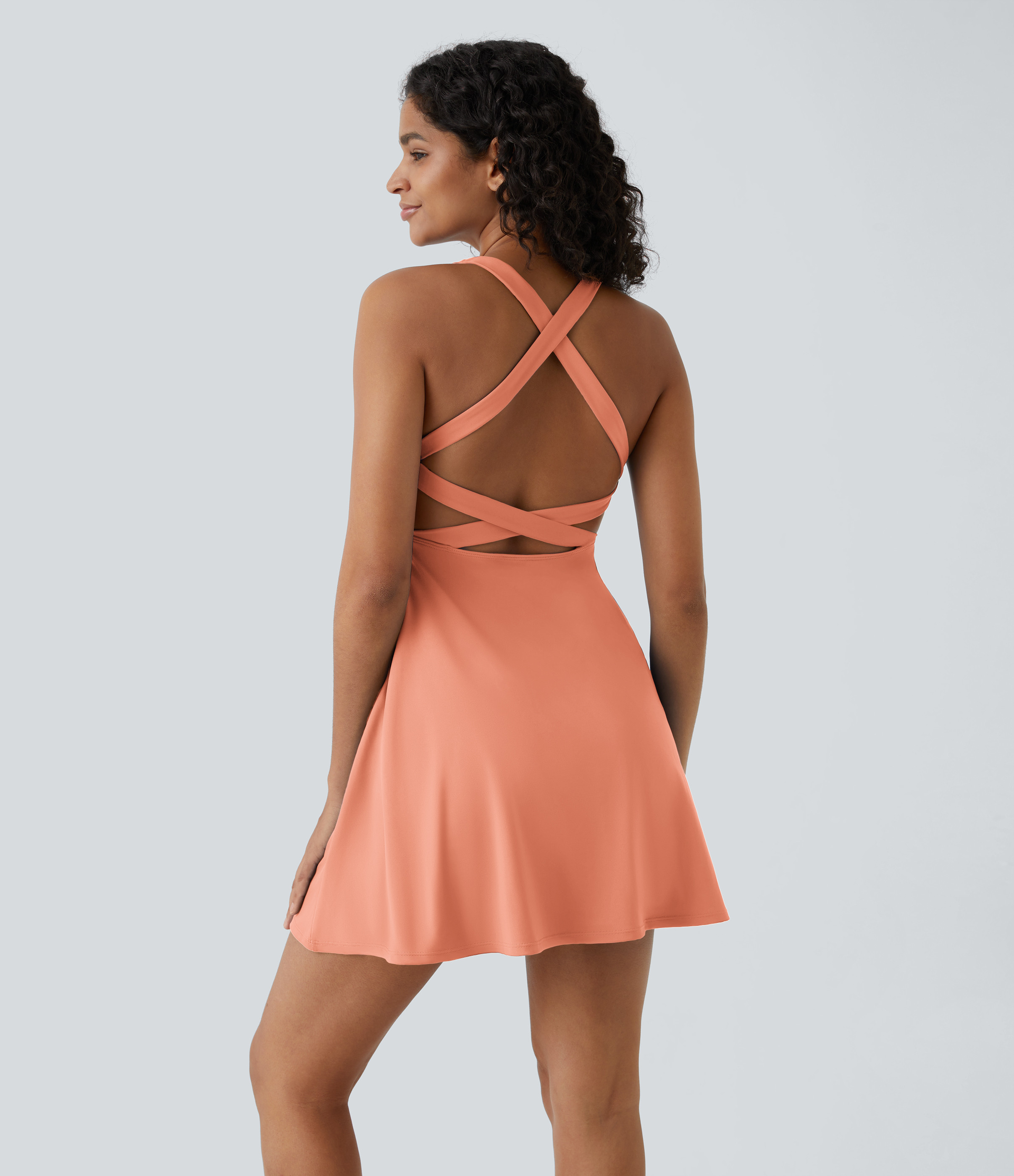 Halara Crisscross Backless Flare 2-Piece Pocket Dance Active Dress Workout Dress - Shell Coral - M | HALARA