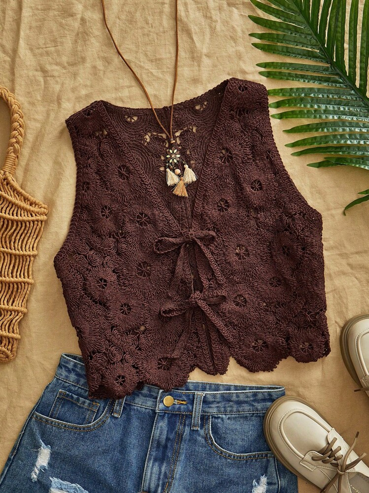 Travachic Casual Brown Knitwear Crop Vest With Scallop Details And V Neckline Fall Outfits Women Winter Clothes For Women Crochet Top Women Lace Tops For Women Brown Lace Top Boho Tops For Women Brown Crochet Top | SHEIN