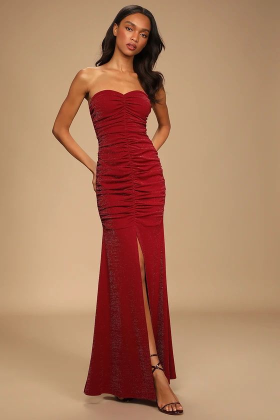 When Magic Happens Wine Red Glitter Ruched Strapless Maxi Dress | Lulus (US)