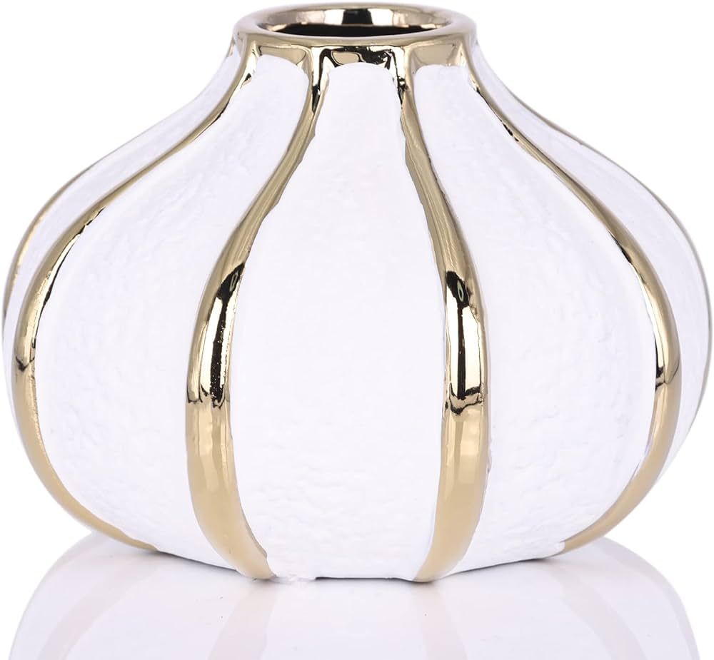White Gold Home Decor Vase, Round White Bud Ceramic Vase for Flower Decoration, Luxury Home Decor... | Amazon (US)