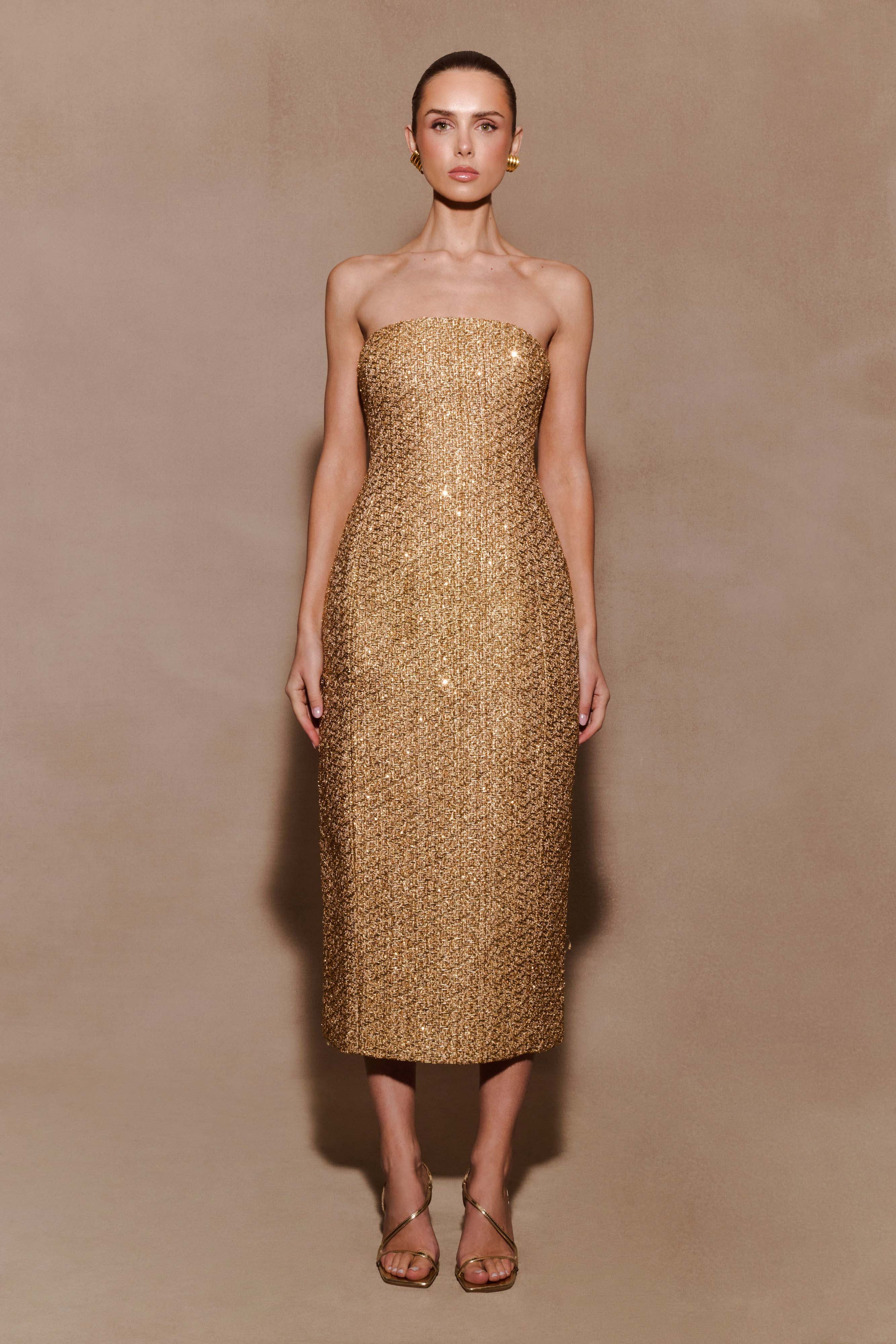 Gala Strapless Tweed Midi Dress - Gold | MESHKI US