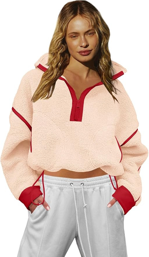 LAMISSCHE Half Zip Sweatshirt Women Oversized Sherpa Jacket V Neck Fleece Pullover Hoodie with Po... | Amazon (US)