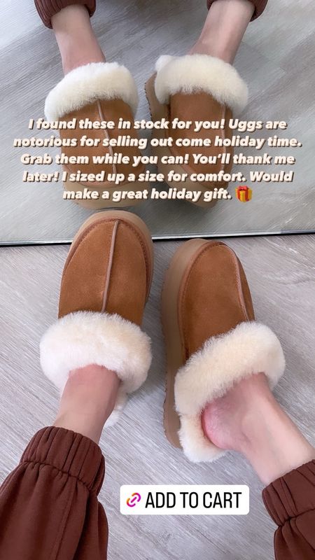 A few sizes left in stock in the tan colors; black and other colors fully stocked! Uggs are notorious for selling out come holiday time. Grab them while you can! You’ll thank me later! I sized up a size for comfort. Would make a great holiday gift. 

Ugg, Ugg Disquette platform slippers, platform ugg, gifts for her, gift ideas, gift ideas for her, gift guide, The Stylizt 

#LTKSeasonal #LTKGiftGuide #LTKshoecrush