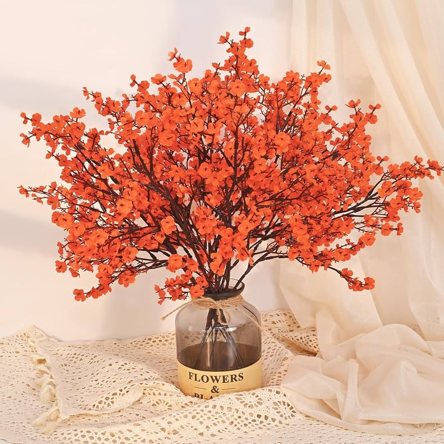 5 Pcs Fake Fall Flowers, Real Touch Babys Breath Artificial Flowers, Orange | Amazon (US)