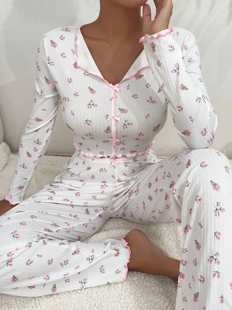 CottageSlumber Floral Print Lettuce Trim PJ Set / Pajama Set White Set Holiday Season Bountiful Floral Splendor, Fall Winter Clothes Cozy And Elegant Details | SHEIN
