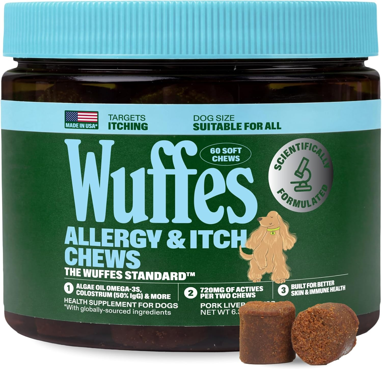 Wuffes Allergy & Itch Soft Chews, Dog Allergy Support with Colostrum, Vitamin E and Omega 3s for Dogs, Non-Drowsy Immune and Itchy Skin Support for All Dogs, 60 Soft Chews | Amazon (US)