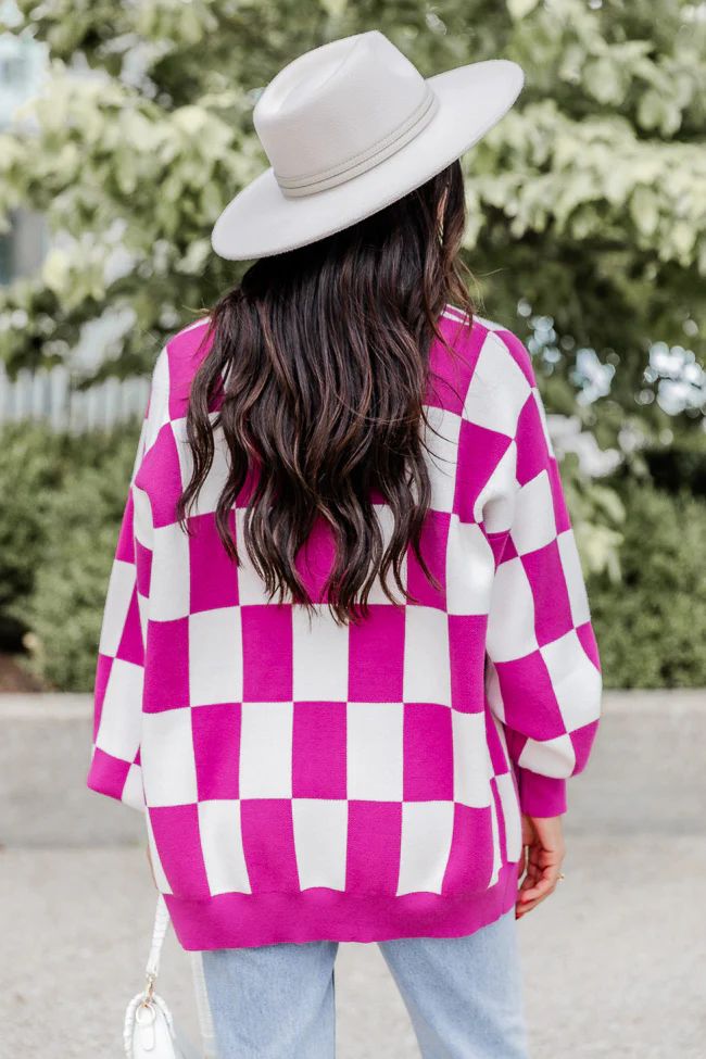 Trying Your Best Magenta Checkered Cardigan | Pink Lily