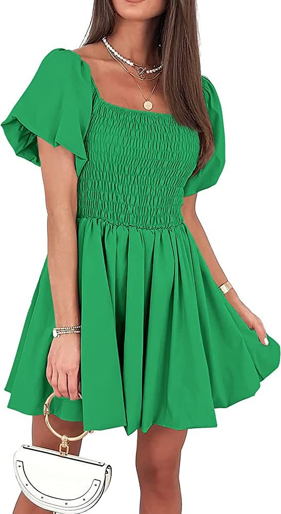 KIRUNDO 2023 Women's Summer Square Neck Smocked Puff Sleeve Mini Dress Off Shoulder Ruffle A-Line... | Amazon (US)