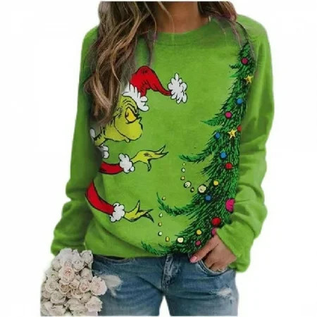 Women's Christmas Grinch Sweatshirt, Grinch and Christmas Tree Pattern Long-Sleeve Pullover, A Must-Have for Grinch Fans | Walmart (US)