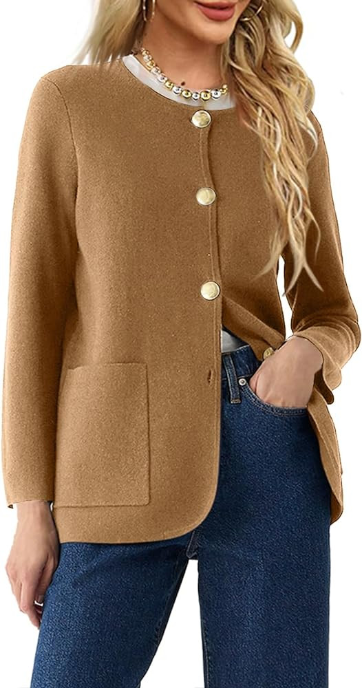 Langwyqu Womens Crew Neck Button Down Cardigan Sweaters Blazer Casual Long Sleeve Knit Solid Swea... | Amazon (US)