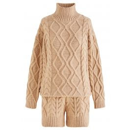 High Neck Braided Knit Sweater and Shorts Set in Tan | Chicwish