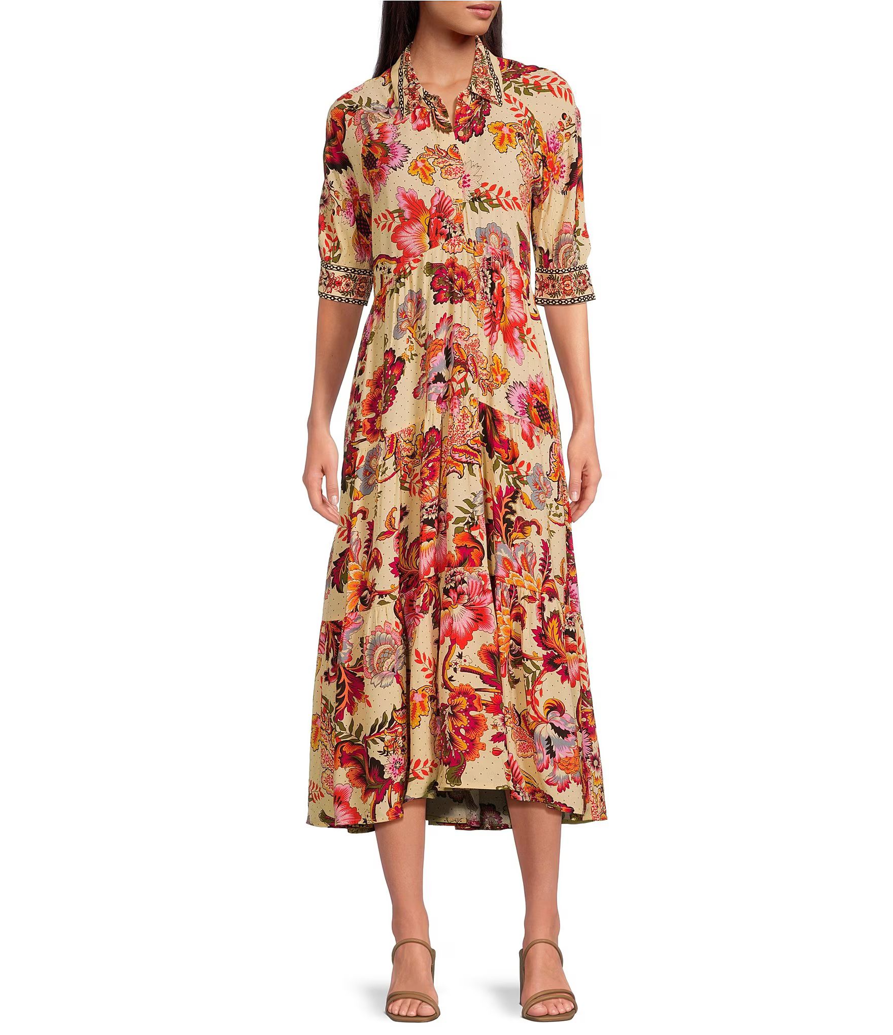 Floral Print Button Front Point Collar 3/4 Sleeve Tiered Midi Shirt Dress | Dillard's