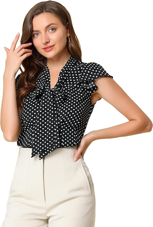 Allegra K Women's Polka Dots Tie Neck Blouse Summer Ruffled Cap Sleeve Office Top | Amazon (US)