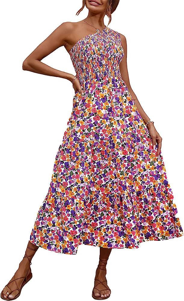 BTFBM Women One Shoulder Sleeveless Casual Summer Dresses 2023 Smocked High Waist Floral Flowy Be... | Amazon (US)