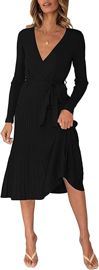 Pink Queen Women's Wrap Sweater Dress V Neck Long Sleeve Ribbed Swing Knit Midi Dresses with Belt | Amazon (US)
