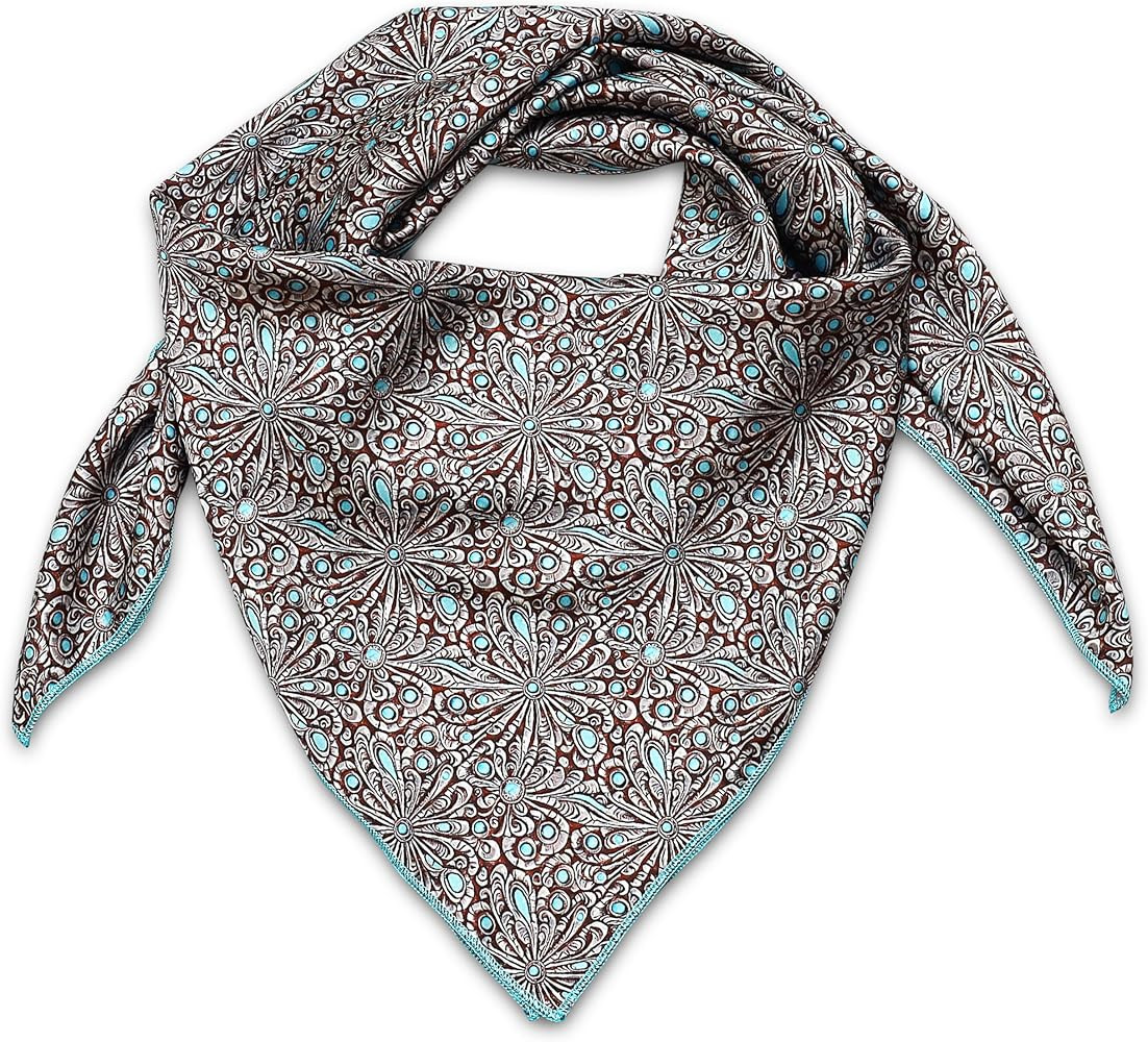 BE BREAK EDGE Western Cowboy Wild Rag Silk Scarf Bandana Turquoise Silver Tooling Pattern Silky 3... | Amazon (US)