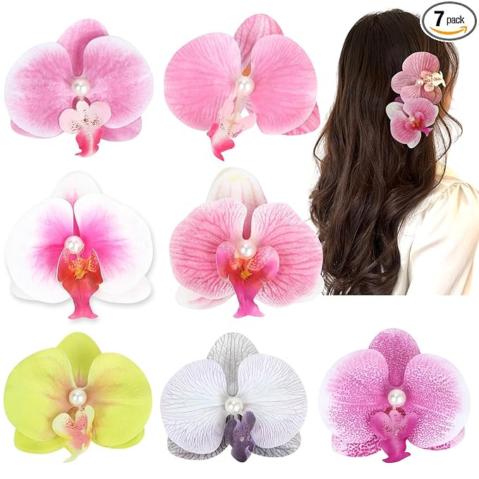 Hawaiian Flower Hair Clips 4 Inch Butterfly orchid Artificial Tropical Flower Hair Pins 7 Pieces ... | Amazon (US)