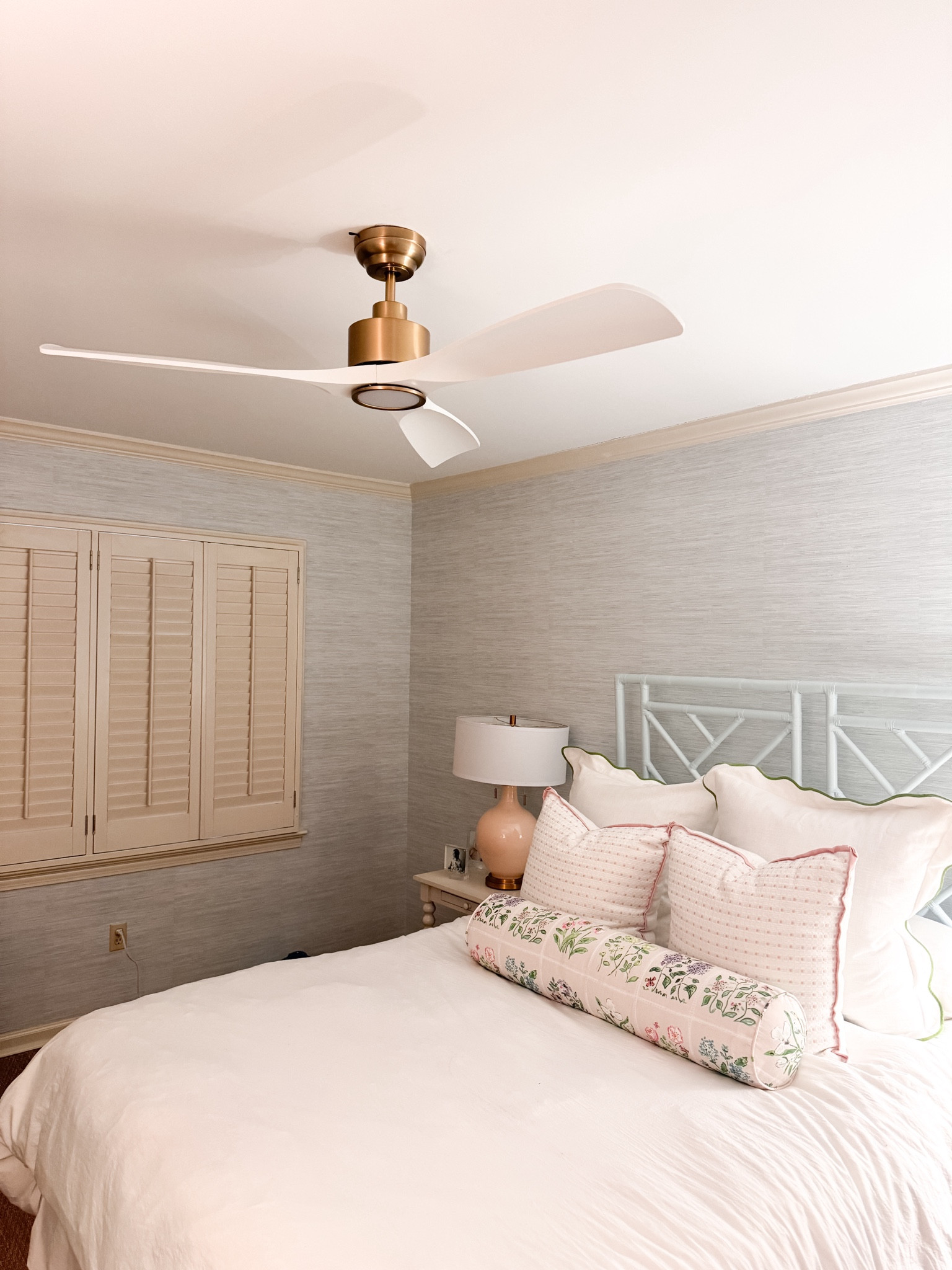 Big girl room progress pic! New white and gold fan installed. Peel and stick faux grasscloth wallpaper in color whisper blue 

#LTKhome #LTKkids