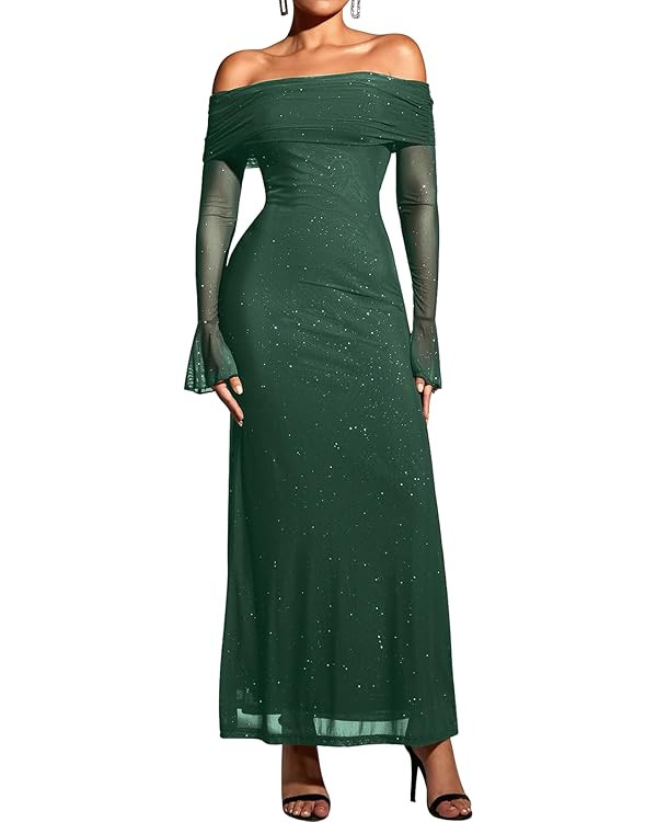 KUTUMAI Women Off Shoulder Bodycon Maxi Dress Long Sleeve Mesh Ruched Party Formal Wedding Guest ... | Amazon (US)