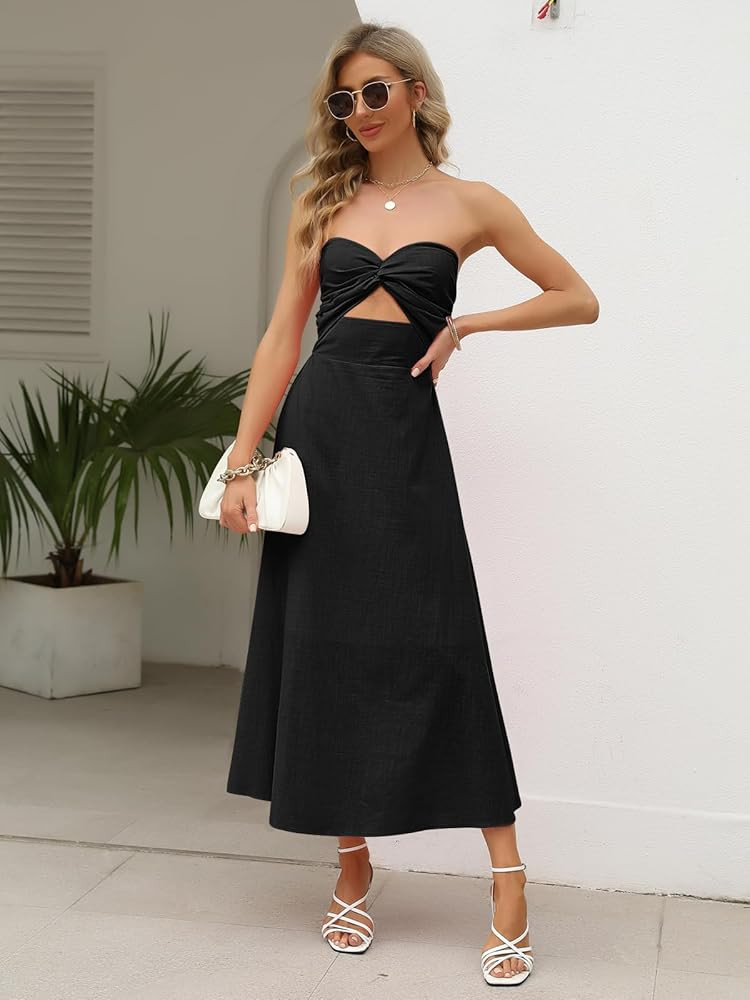 LILLUSORY Women Cotton Linen Strapless Twist Knot Front Bandeau Tube Maxi Dresses | Amazon (US)