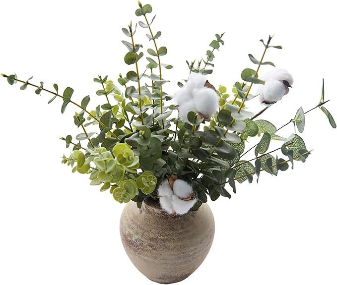 15'' Artificial Eucalyptus and Cotton Stems with Vintage Ceramic Vase Real Looking Faux Greenery ... | Amazon (US)