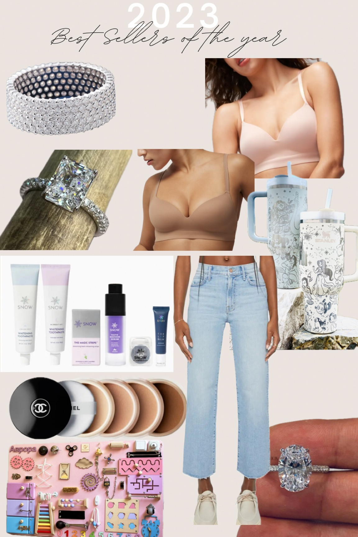 Best sellers of 2023! Moissanite eternity bands, engagement rings, seamless wireless bras, Disney Stanley cups, snow teeth whitening, mother jeans, Chanel makeup powder, toddler busy board

#LTKstyletip #LTKfindsunder100 #LTKfindsunder50