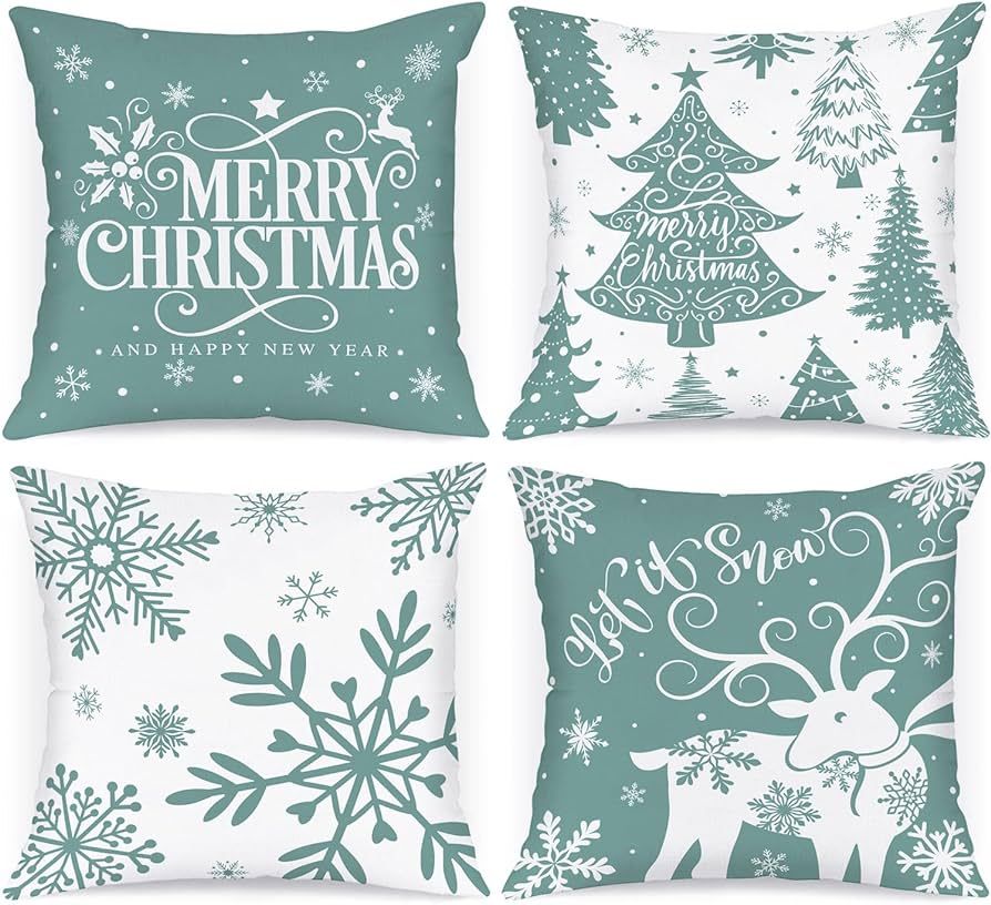 Lanpn White and Green 18x18 Christmas Pillow Covers Set of 4, Decorative 18 Inch Winter Snowflake... | Amazon (US)