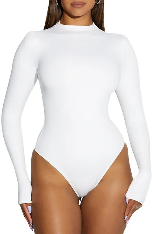 Naked Wardrobe Per-Suede Me Long Sleeve Bodysuit in White at Nordstrom, Size X-Small | Nordstrom