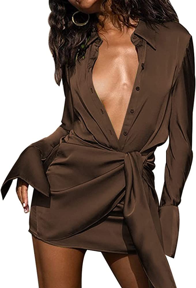 SHESEEWORLD Women's Sexy Long Sleeve V Neck Button Tie Waist Bodycon Satin Wrap Club Party Mini Dres | Amazon (US)