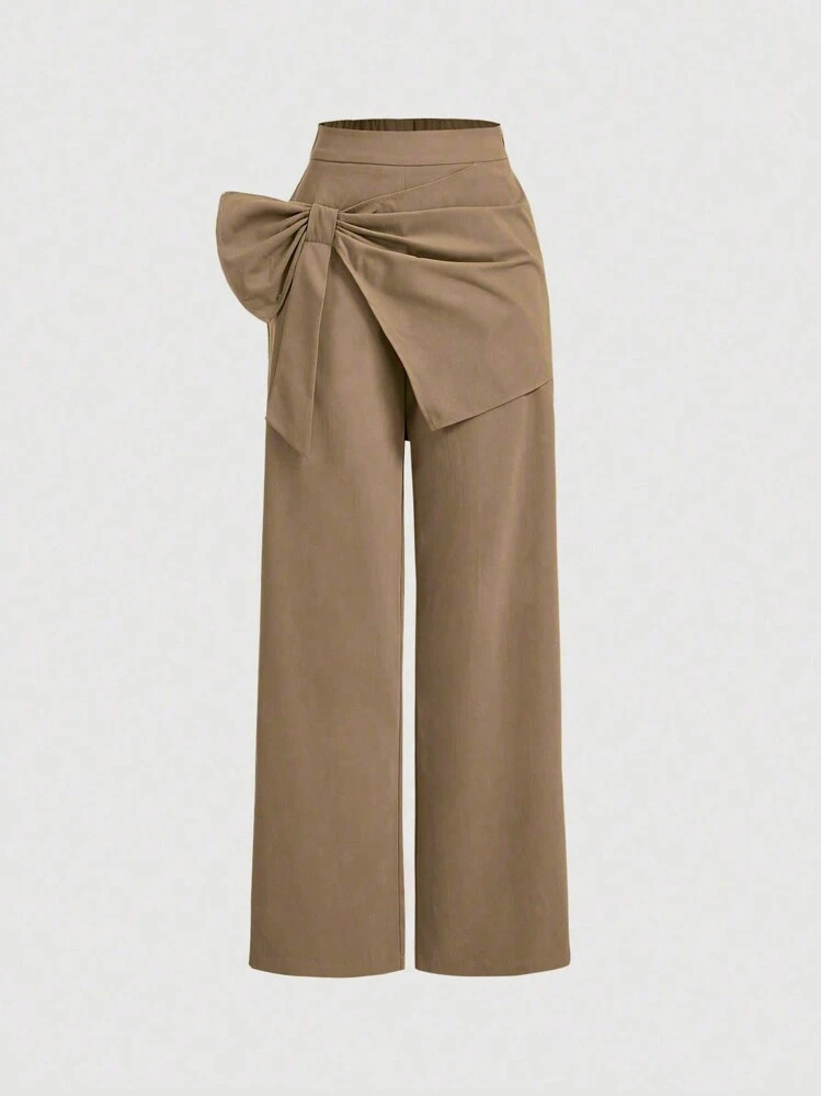 SHEIN MOD Khaki 3D Big Bow And Skirt Patch Trousers,Fall Clothes, Clothes,Asymmetrical Pants | SHEIN
