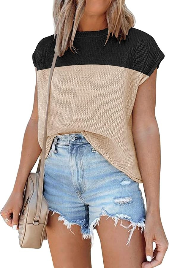 Womens Cap Sleeve Sweater Vest Summer Tops Sleeveless Tank 2026 Trendy Spring Clothes Striped Sho... | Amazon (US)
