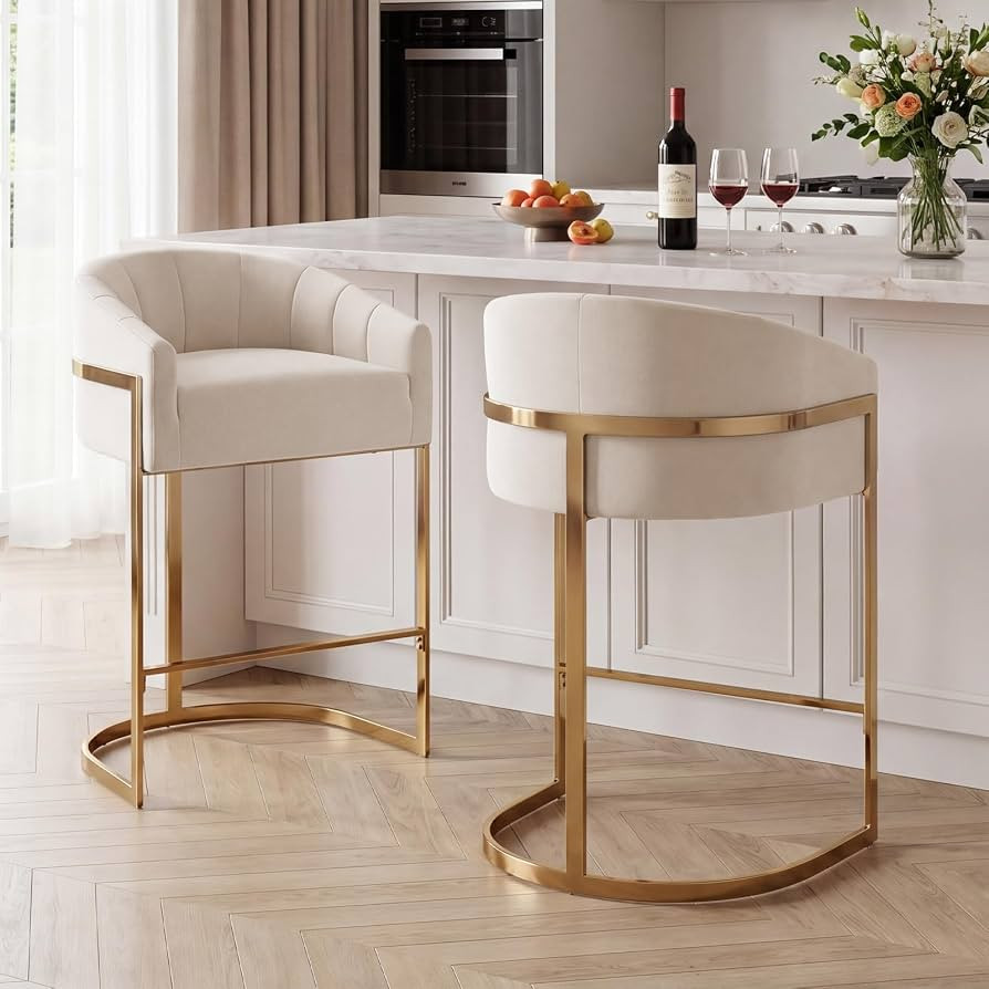 Counter Height Bar Stools Set of 2, Modern 27" H Barrel Counter Stools with Shell Back, Gold Velv... | Amazon (US)