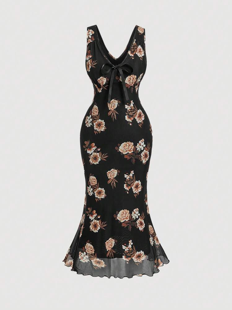 SHEIN MOD Plus Size Vintage Printed Vest Dress With Front V-Neck Bow Decoration, Autumn Dress, Retro Floral Dress,Fall Wedding Guest Dress,Homecoming Dresses,Brunch Women Outfit,Tea Party Dress,Party Women Dresses,Birthday Dresses For Women | SHEIN