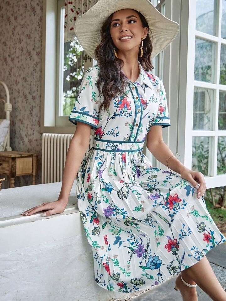 SHEIN Frenchy Floral Print Contrast Binding Shirt Dress | SHEIN