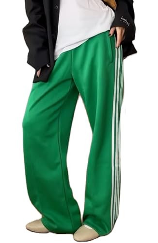 KMBANGI Women Striped Track Pants Elastic Waist Straight Leg Sweatpants Joggers Wide Leg Side Stripes Pants with Pockets(Casual Green,M) | Amazon (US)