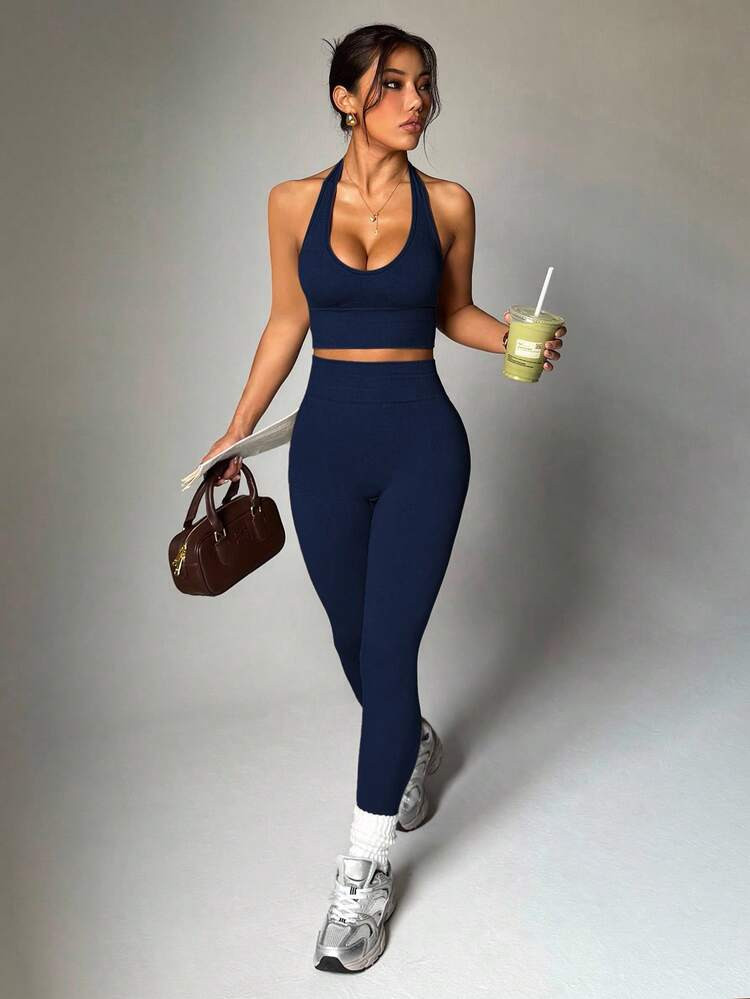 Dewbera Dewbera Women's Solid Color Minimalist Daily Halter Top And Pants Sports Suit Workout Set | SHEIN